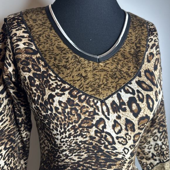 Vintage Y2K 90s Top XS Thermal Leopard Print V Neck Long Sleeve Cyber Grunge - Picture 6 of 9